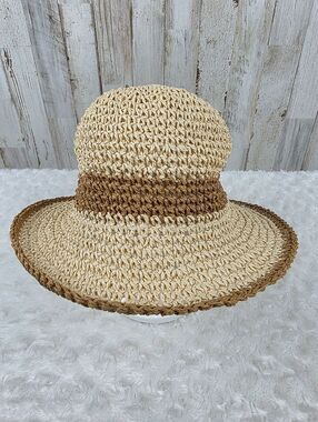 Natural Reflections Crochet Straw Sun Hat Beige and Brown One Size